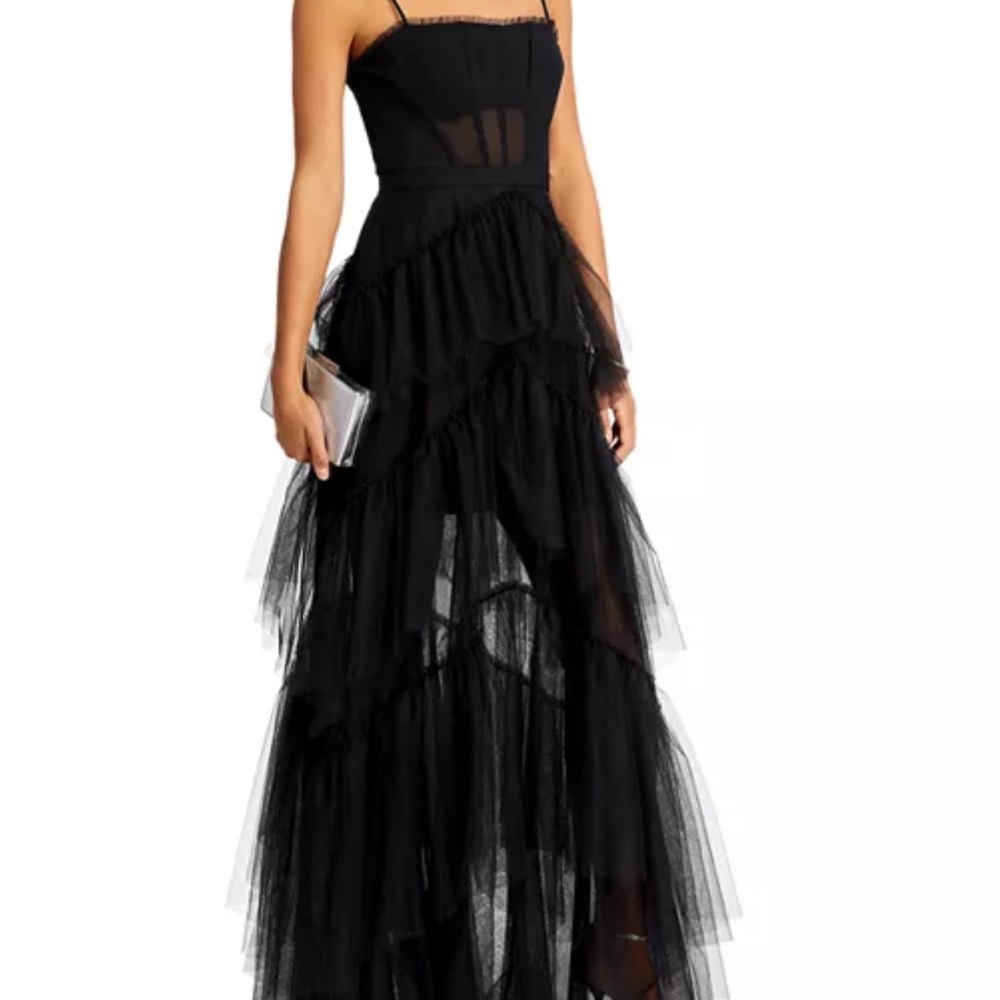 BCBGMAXAZRIA Sheer Corset Tulle Tiered Ruffle Gown